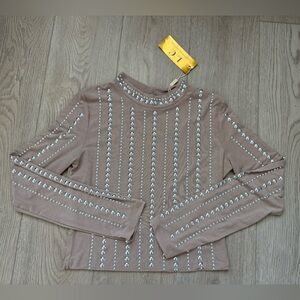 Silver Studded Mesh Long Sleeve Mock Neck Embellished Top women’s XL